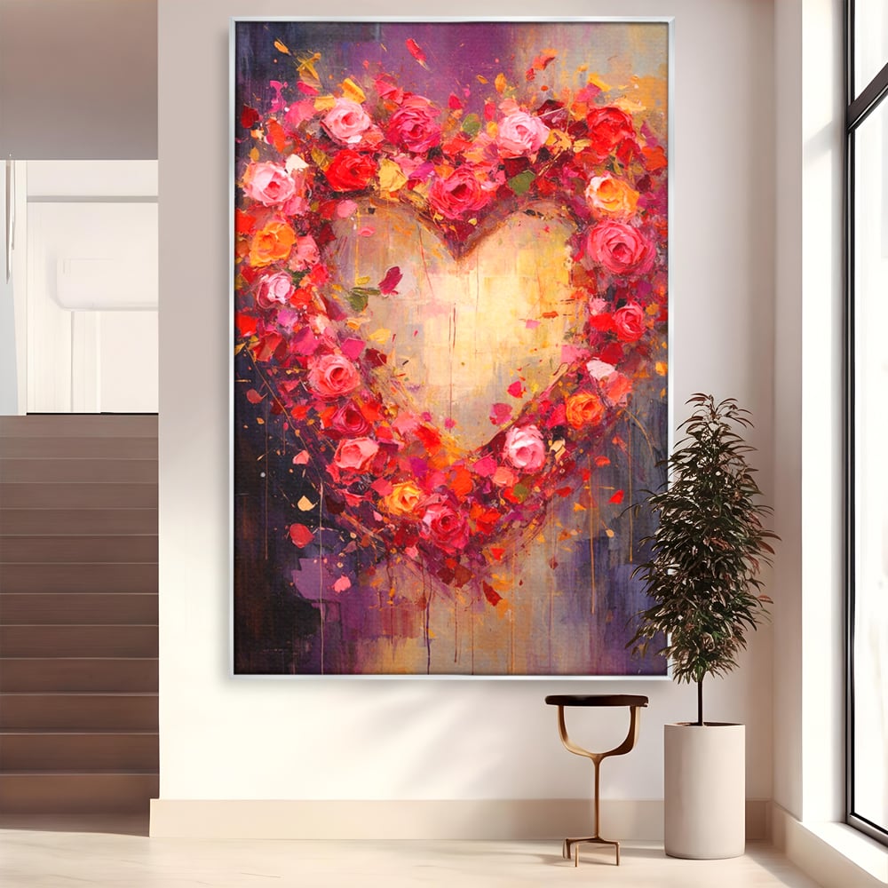 Tablou canvas cu pictura verticala cu inima din trandafiri, in rama de aluminiu argintiu